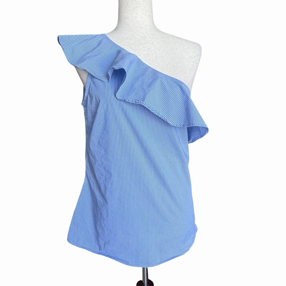 Como Vintage One Shoulder Ruffled Blouse Top M•Coastal Chic Nautical Summer Blue